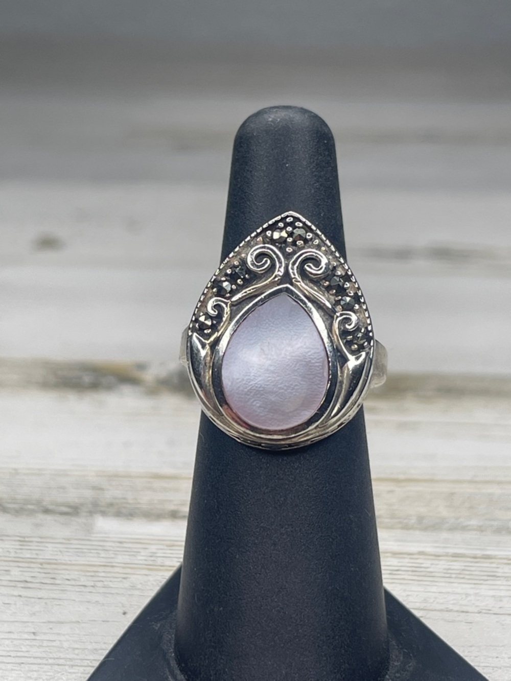 Sterling Silver Marcasite Teardrop Mother of Pearl Statement Ring